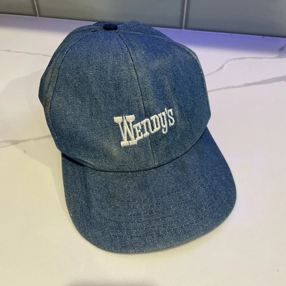 VTG Wendys Fast Food Restaurant Uniform Blue Denim Baseball Cap Hat Snapback